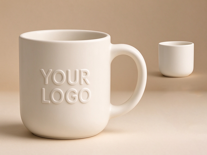 a ceramic mug with logo