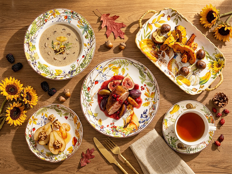 yellow design dinnerware set with food